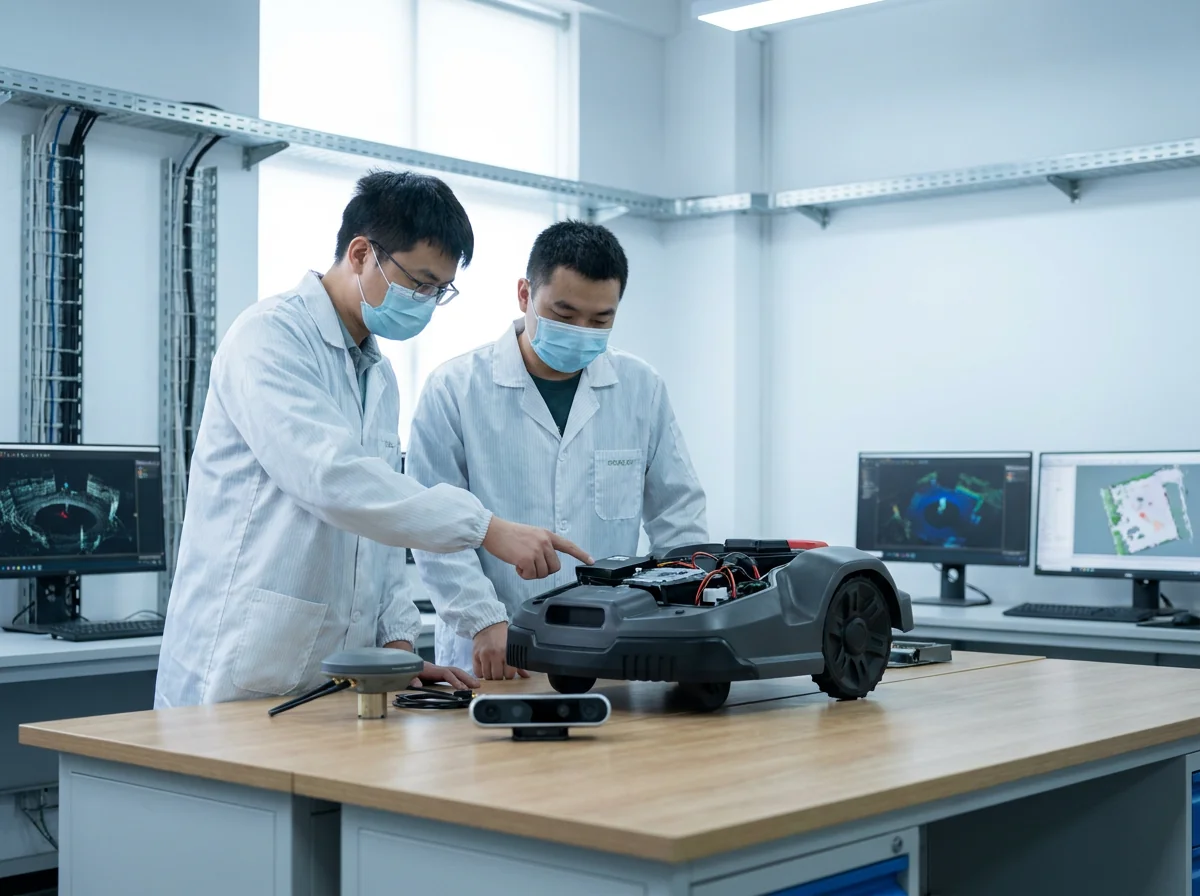 GOALKER robotic mower R&D centre engineers reviewing a navigation prototype in the lab