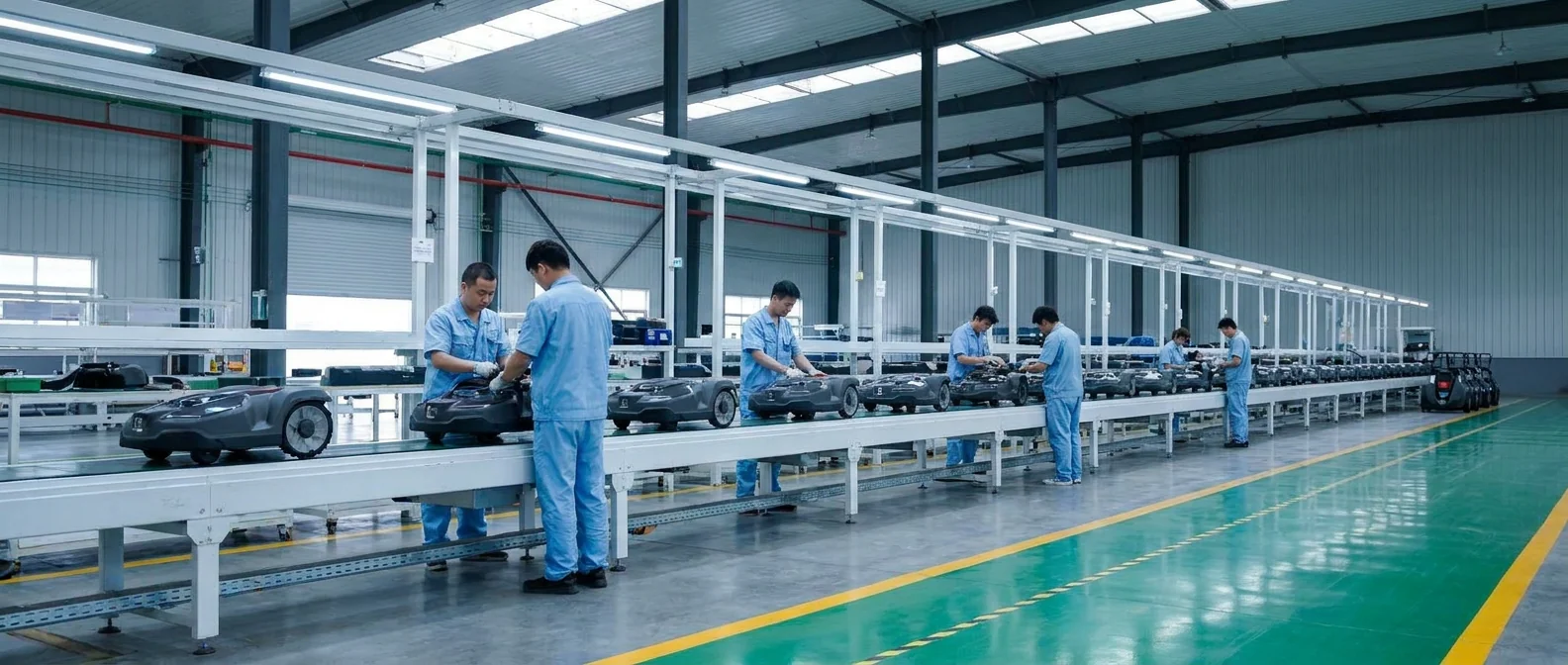 Robotic mower production line at the Sunteam Group factory with assembly stations and finished units