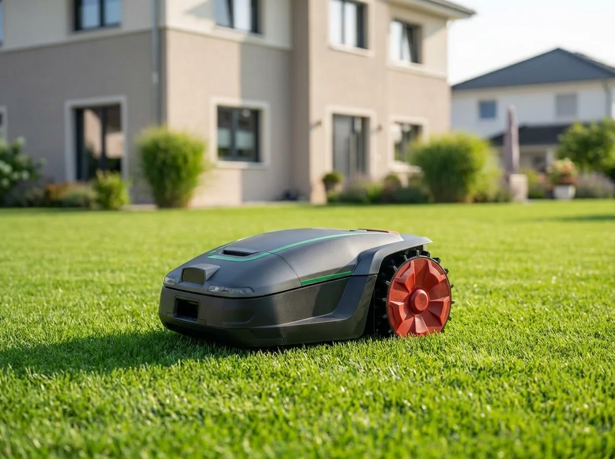 UNICUT robotic lawn mower operating on a residential lawn under the SmartMowBot export brand