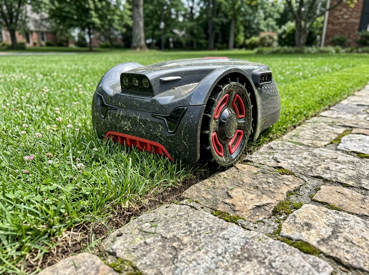 Robot lawn mower mowing along the edge of an app-defined boundary on a residential lawn