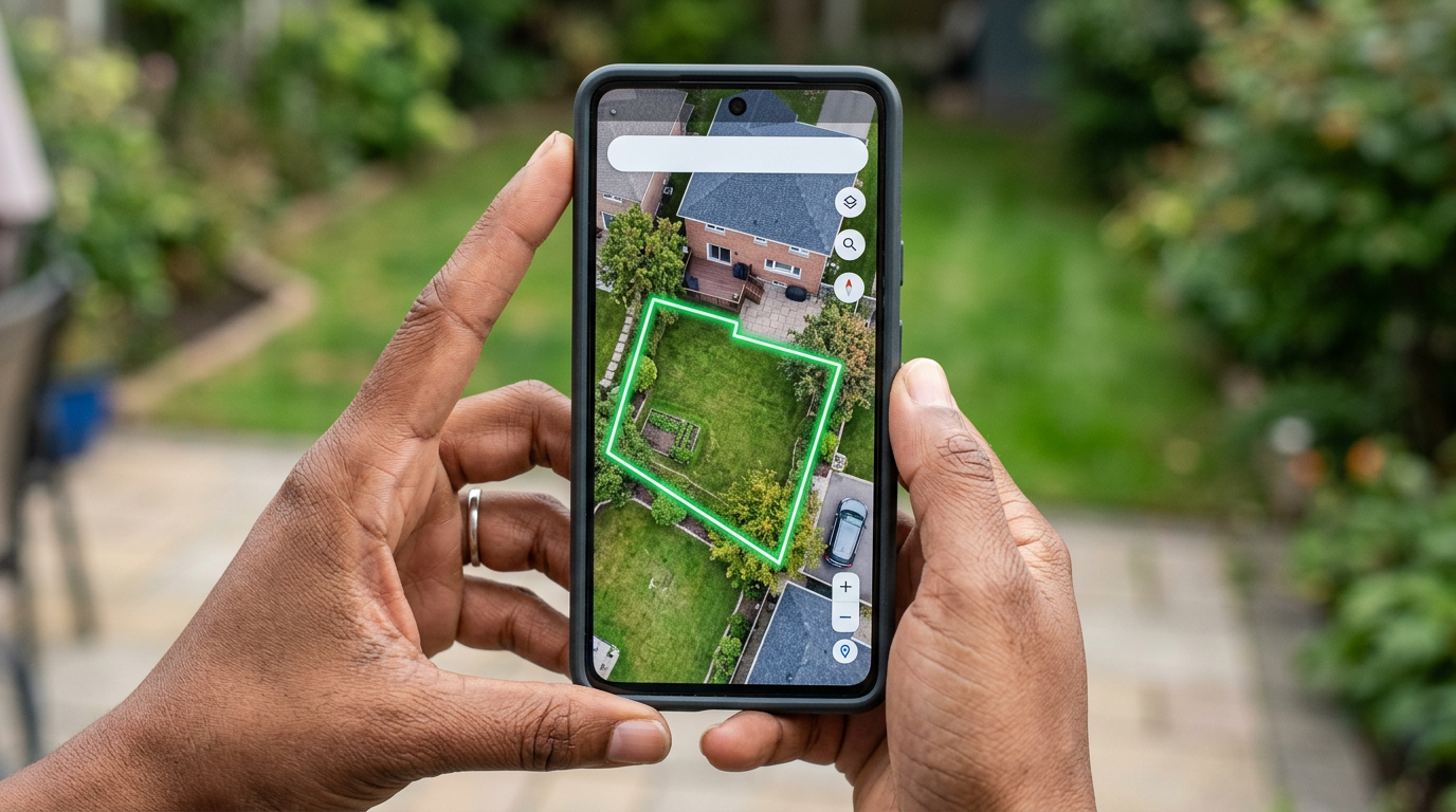 Phone screen with the saved virtual boundary outlined over an aerial lawn view