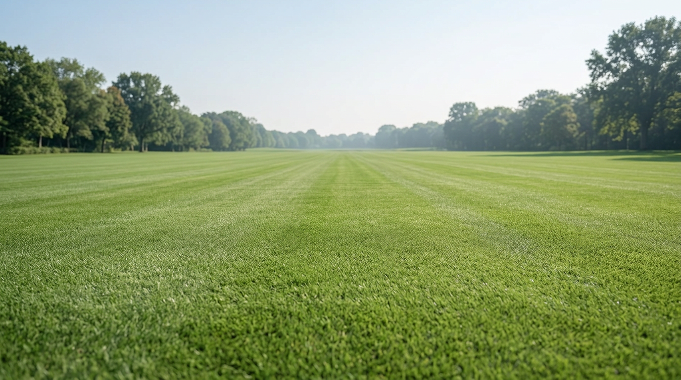 Open residential lawn at dusk with no visible boundary wire trench cut into the turf