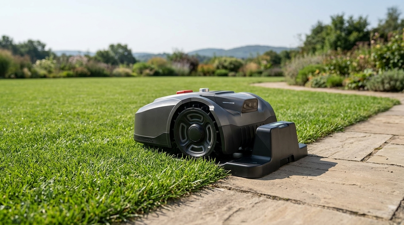 UNICUT charging dock placed at the edge of a residential lawn with clear sky overhead