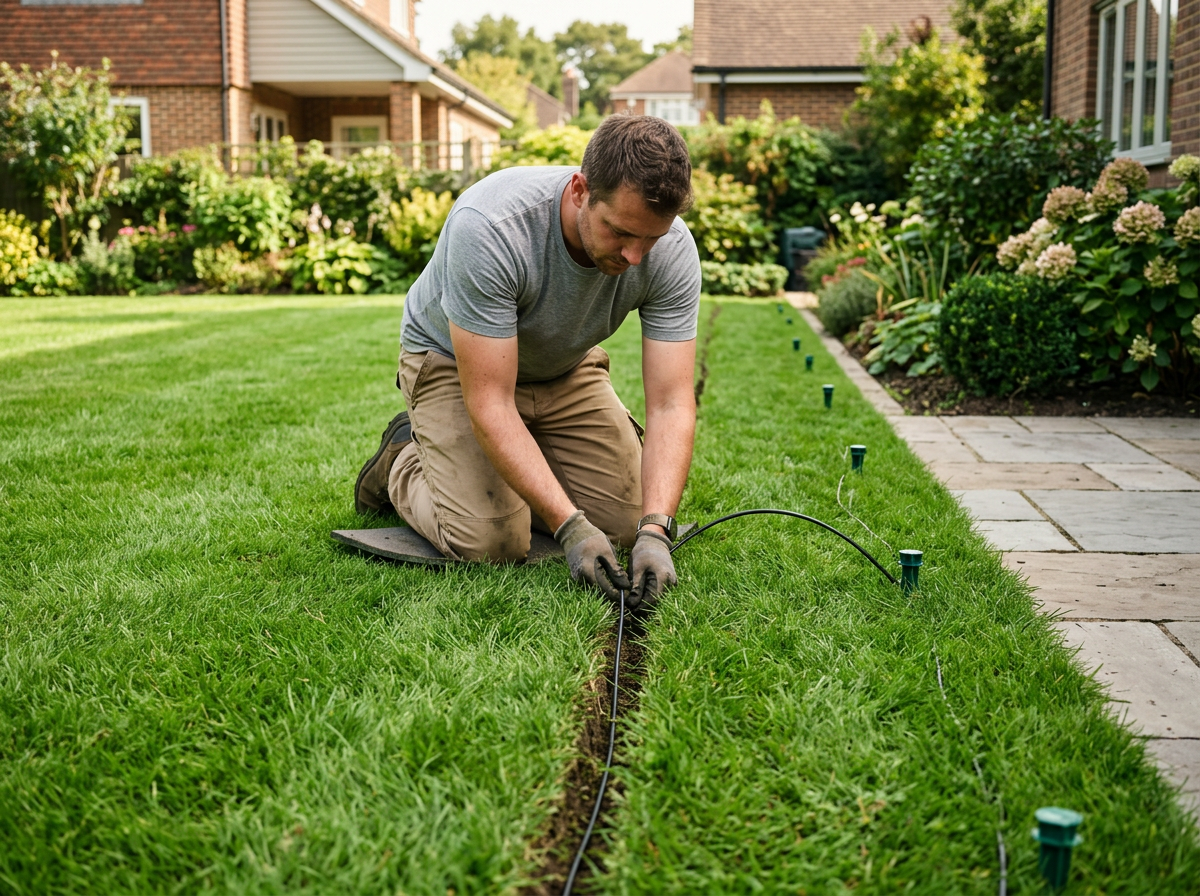 Worker laying a perimeter cable across a garden lawn for a wired robot lawn mower