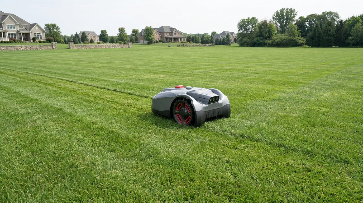 UNICUT H1 robot lawn mower mowing a large residential lawn