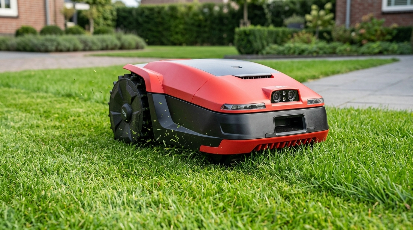 UNICUT H3 robot lawn mower with stereo camera on a suburban lawn