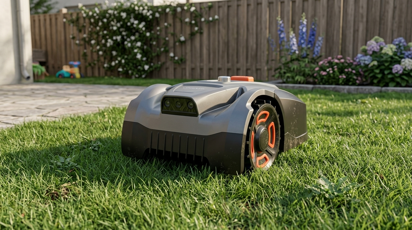 UNICUT H5 robot lawn mower on a small backyard lawn