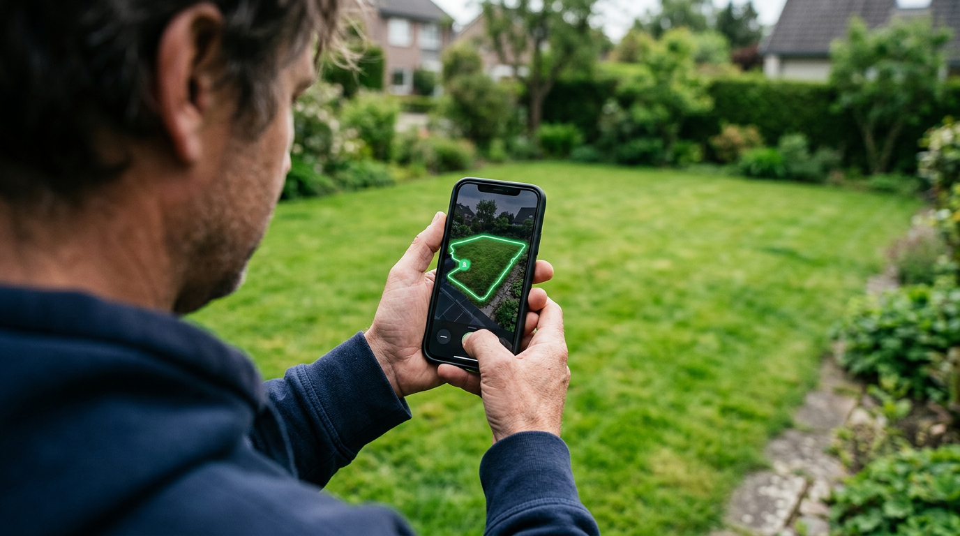 SmartMowBot app screen showing the perimeter recording in progress on a phone held above a lawn