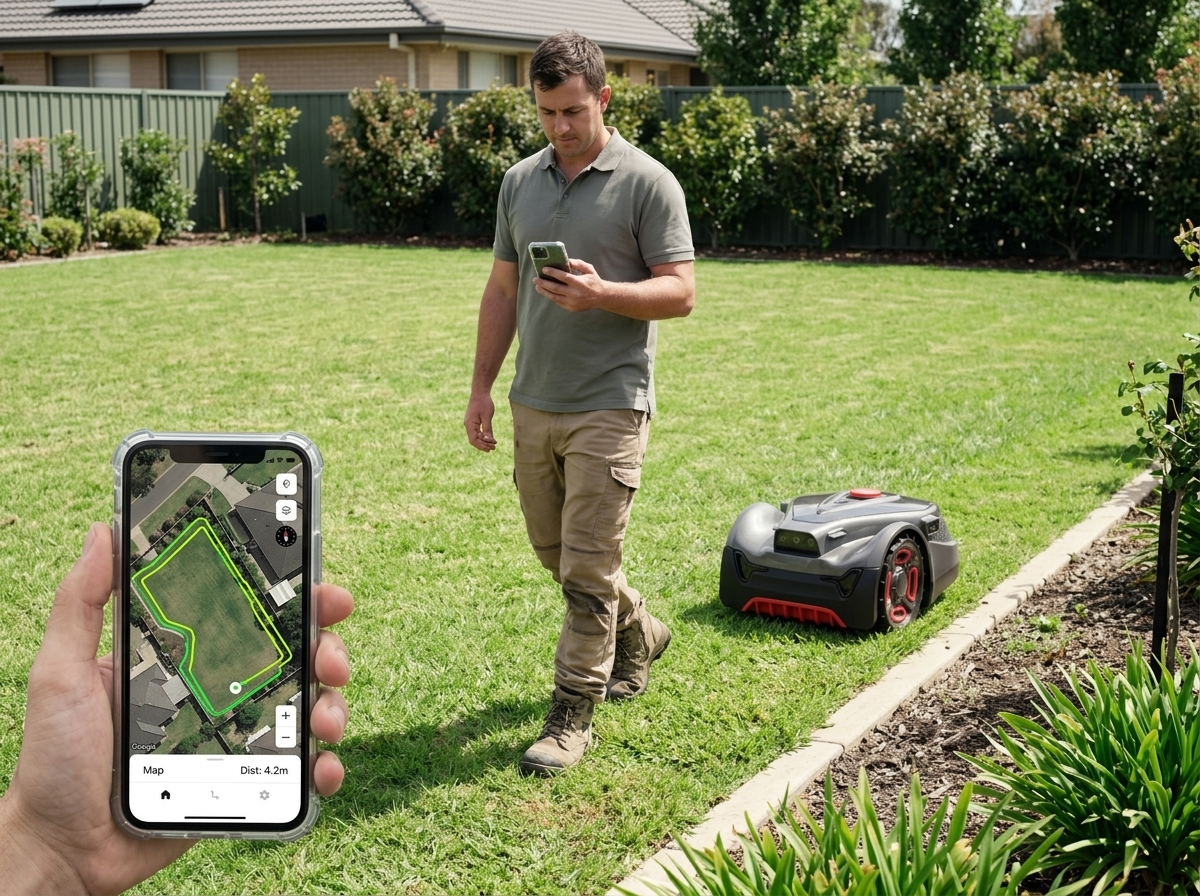 Operator walking the lawn perimeter with a UNICUT robot lawn mower while the app records the virtual boundary