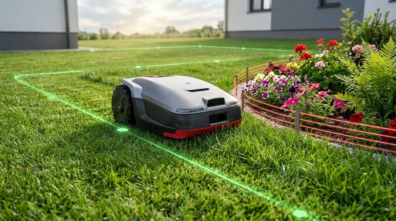 Robot lawn mower operating inside an app-defined zone with a no-go area marked around a flower bed