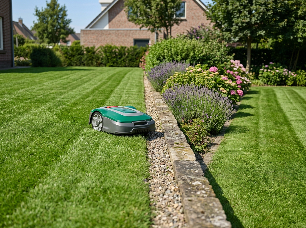 Robot mower transitioning between two app-defined lawn zones in a residential garden