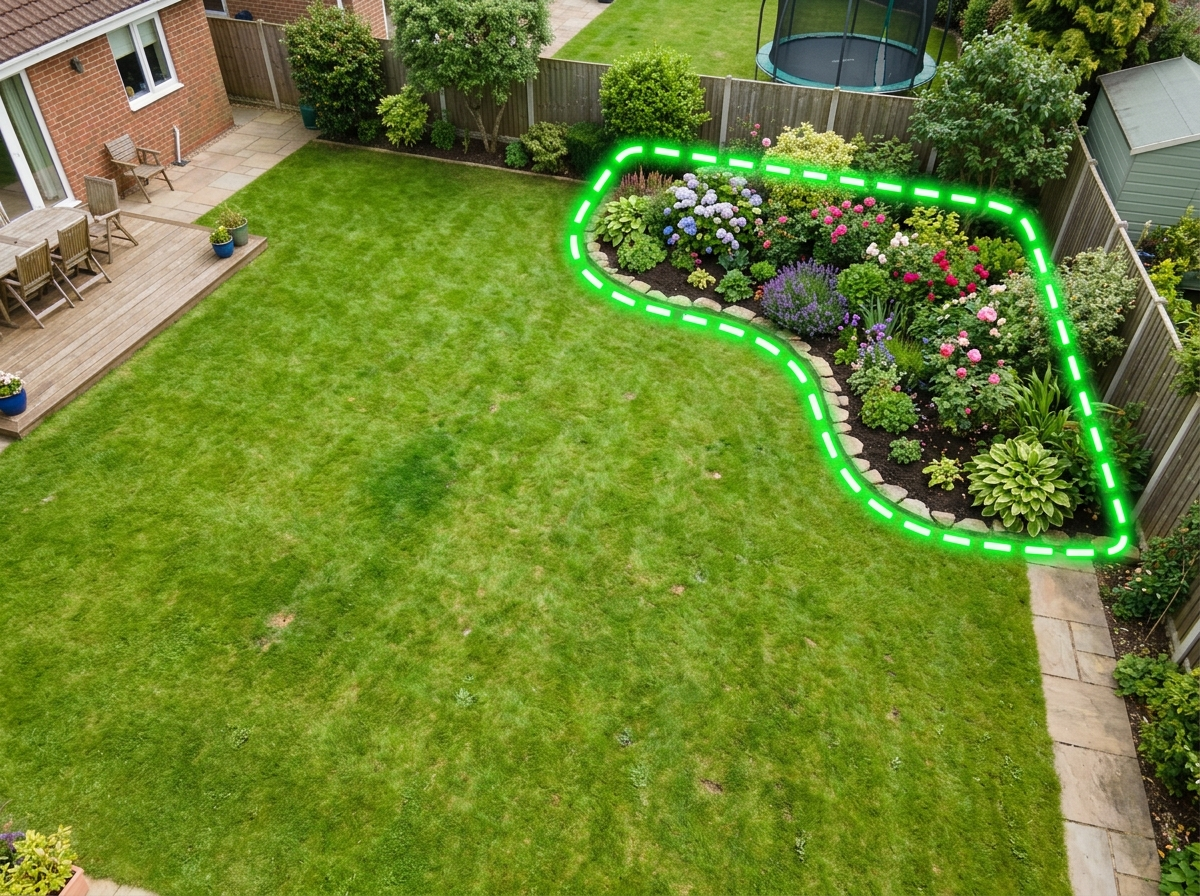 App screen with no-go zones outlined around a flower bed in a backyard lawn