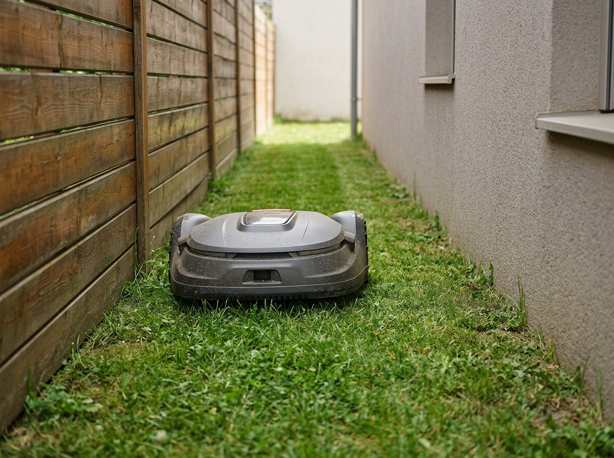 Robot lawn mower crossing a narrow side passage between a fence and a wall in a residential garden