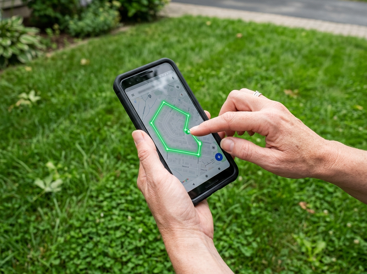Hand holding a phone editing the boundary map of a residential lawn