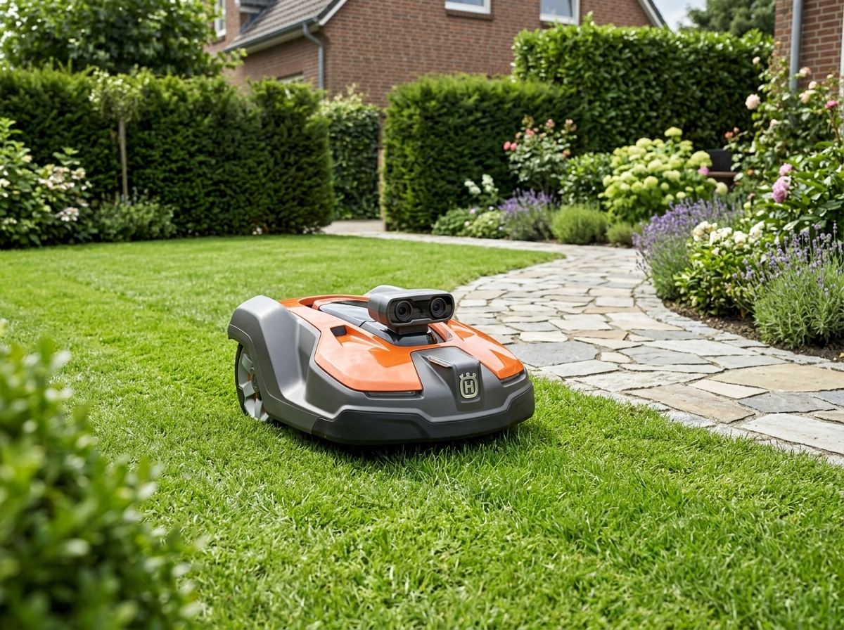 UNICUT H3 robotic lawn mower with stereo camera on a suburban lawn