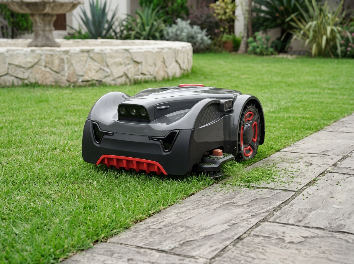 UNICUT H3 PRO robotic lawn mower trimming a garden edge