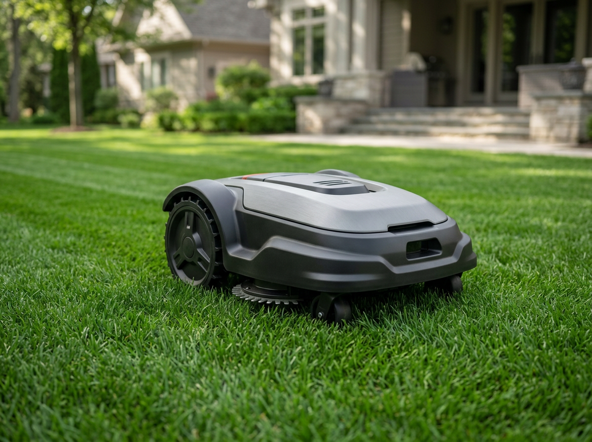 UNICUT H5 pure-vision robotic lawn mower on a small lawn