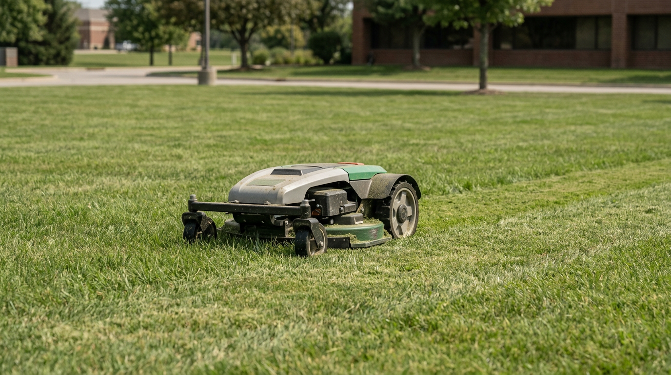 H1 UNICUT robot lawn mower running across an open mid-acre commercial lawn