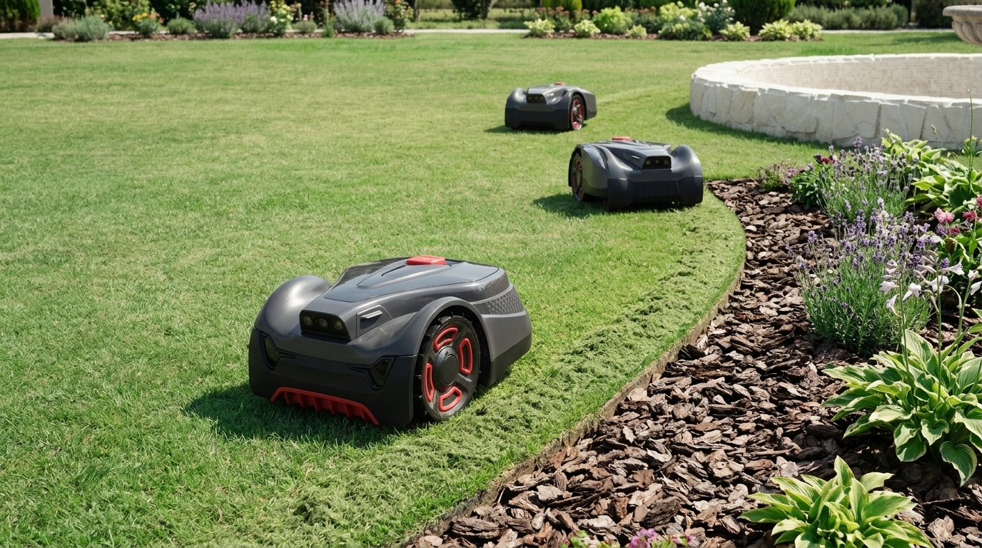 H3 PRO UNICUT robot lawn mower cutting close to a curved garden bed line