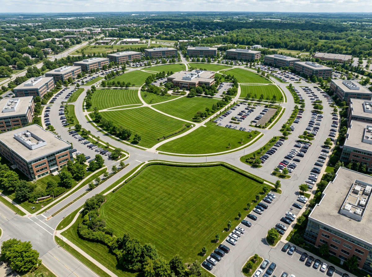 Corporate campus lawn split into several disconnected mowing zones