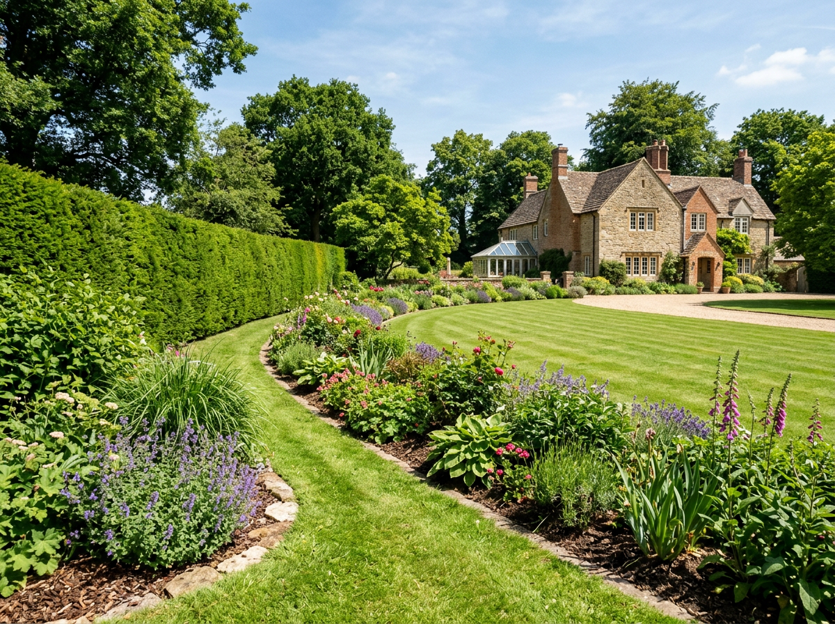 Mid-acre estate lawn with a curved bed line and a garden hedge