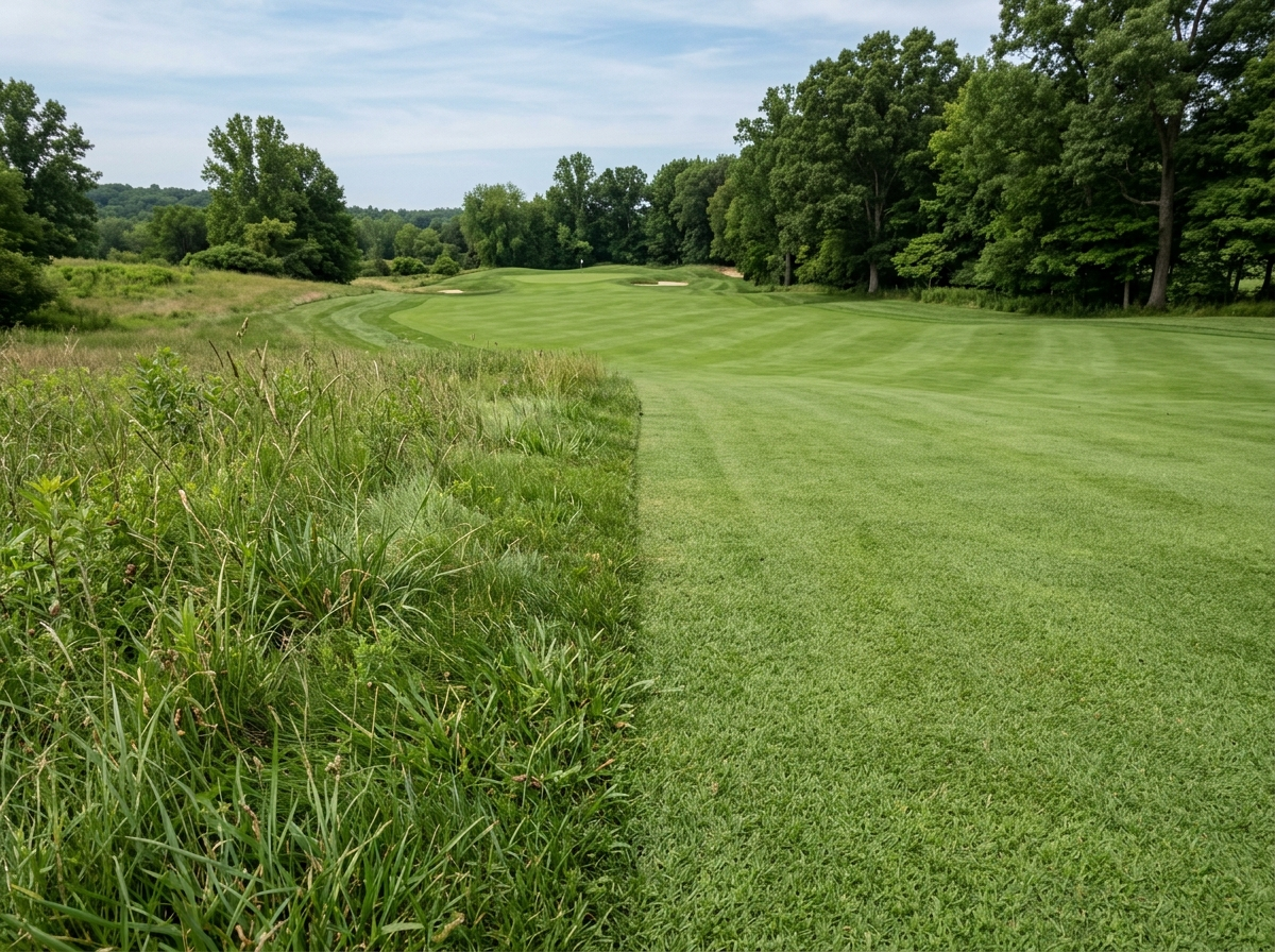 Golf course rough and approach strip beside a fairway