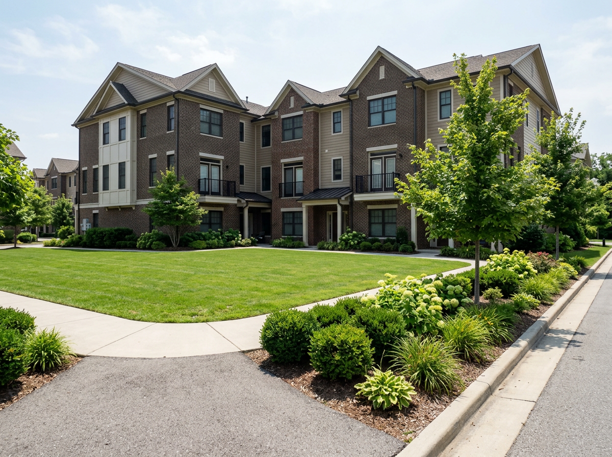 HOA common lawn with curb-line beds beside multifamily housing