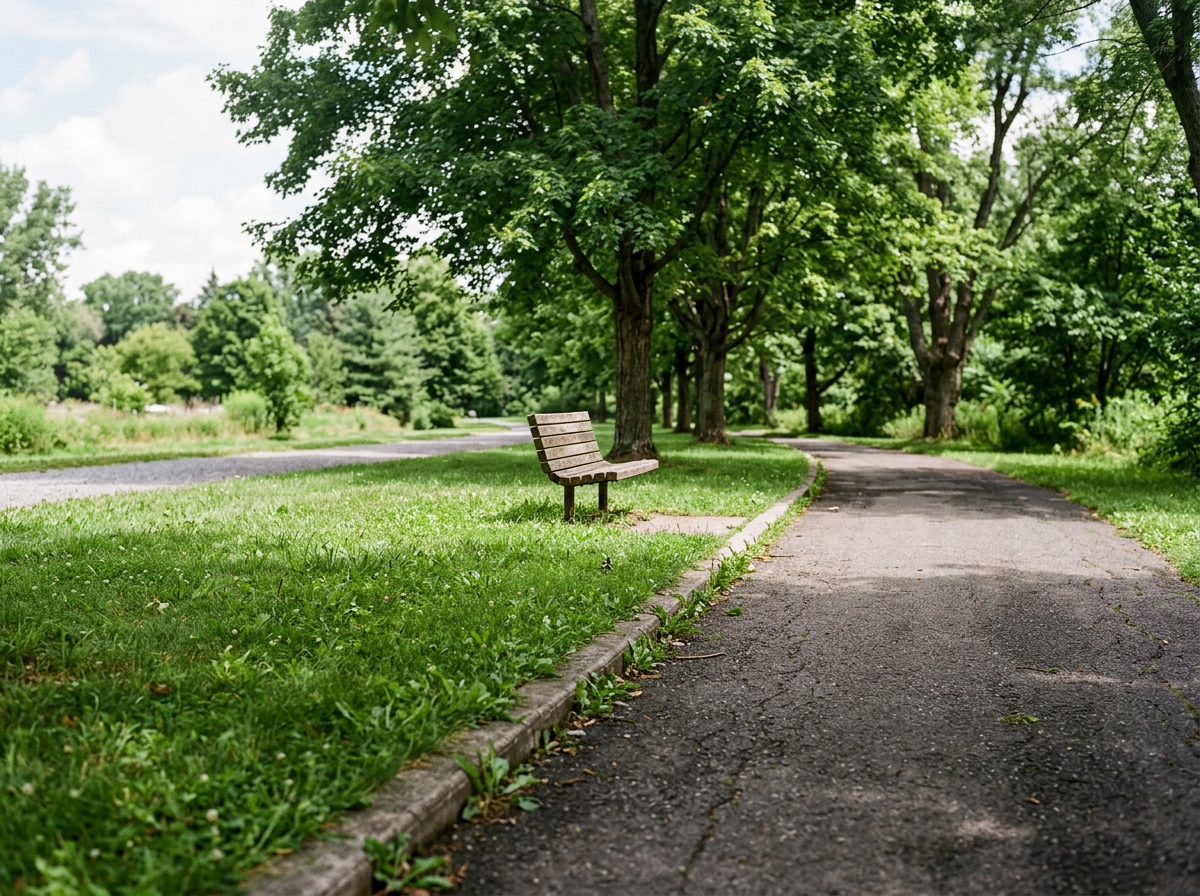 Municipal park lawn strip beside a pedestrian path