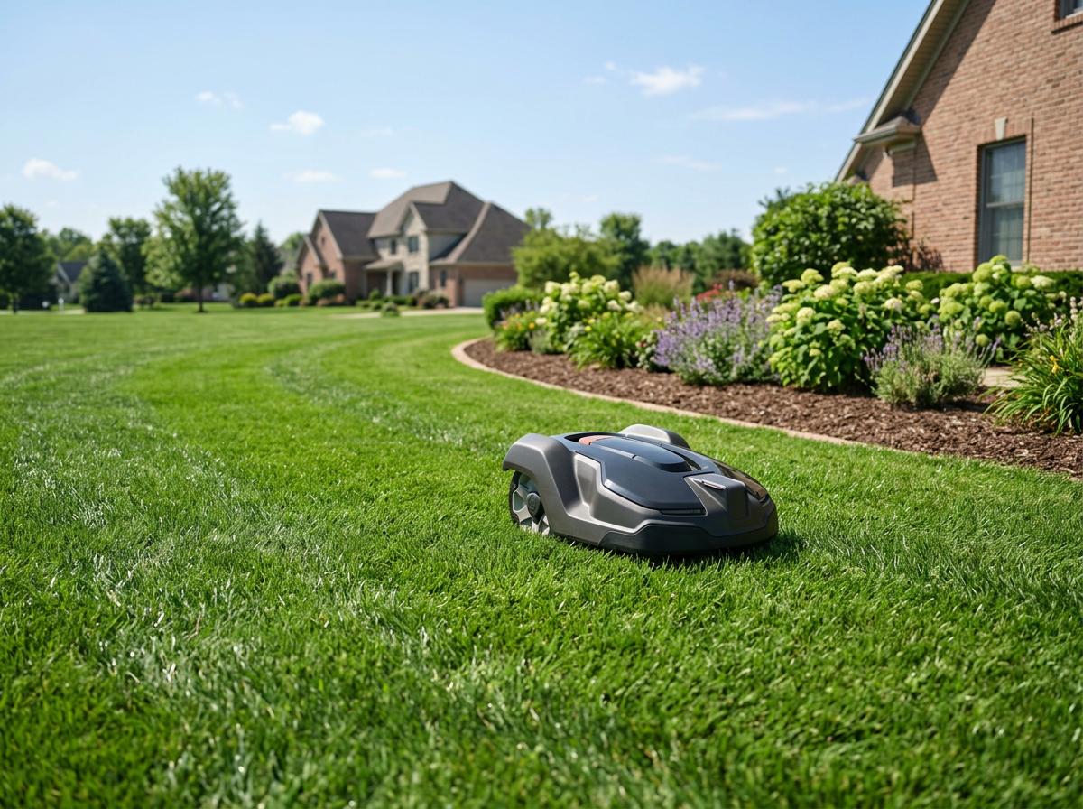 H1 robot lawn mower on a mid-acre estate lawn with a curved bed line