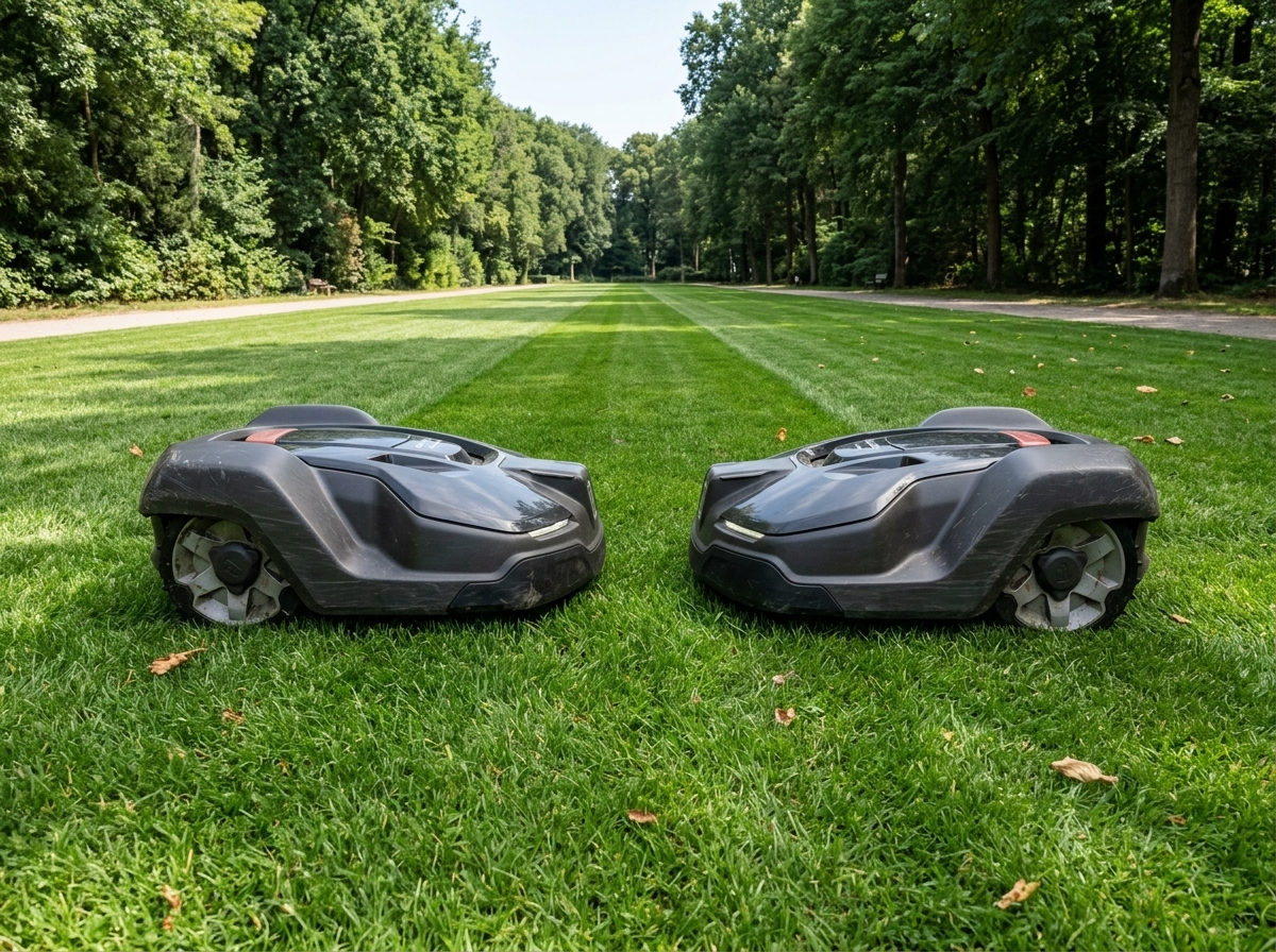 Two H1 robot lawn mowers running on a municipal park lawn strip