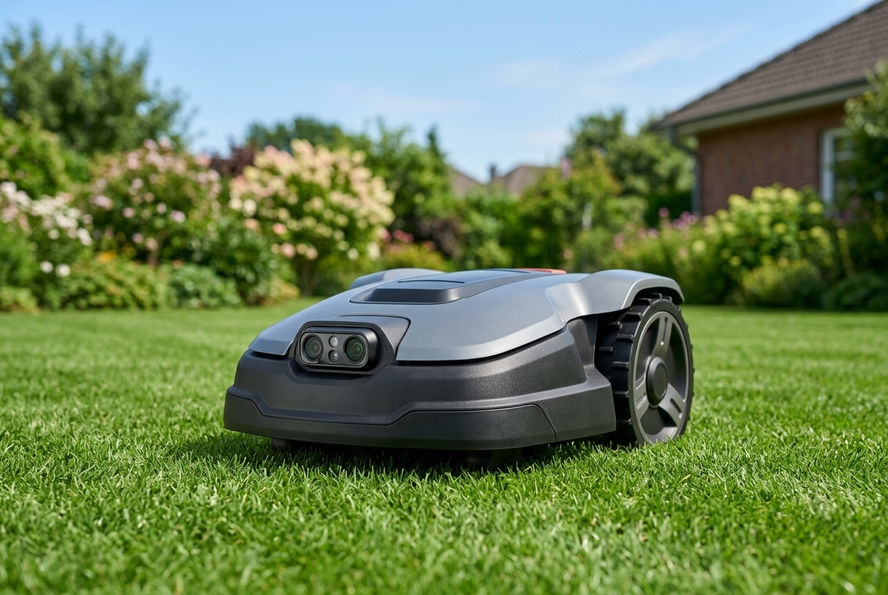 H3 SmartMowBot UNICUT entry-GFLS robot lawn mower with stereo camera on a mid-lawn parcel