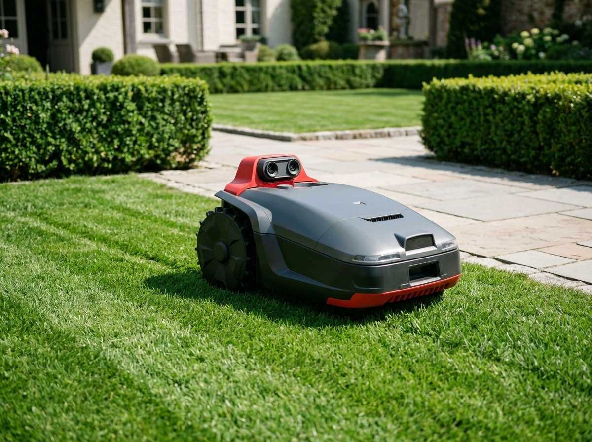 H3 robot lawn mower on a boutique hotel courtyard lawn