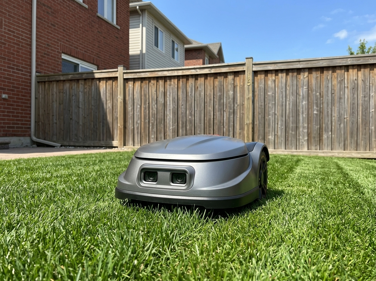 H3 robot lawn mower running on a townhouse rear lawn