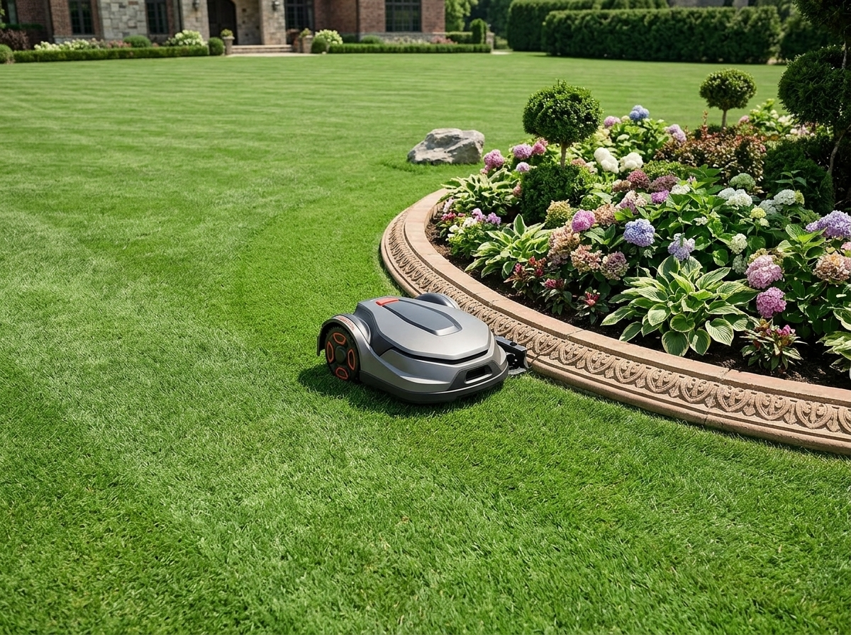 H3 PRO robot lawn mower on an estate lawn with heavy bed line and edge work