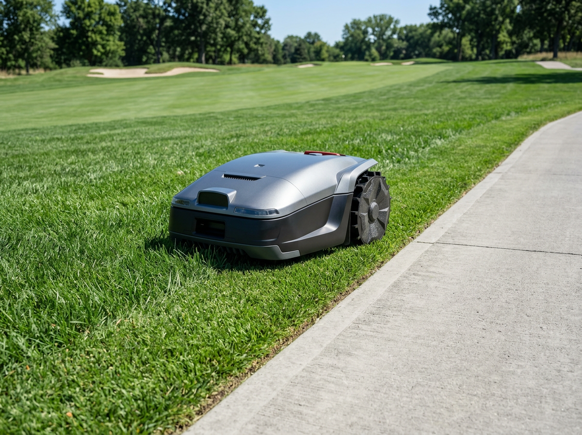 H3 PRO robot lawn mower on a golf rough strip near a cart-path approach