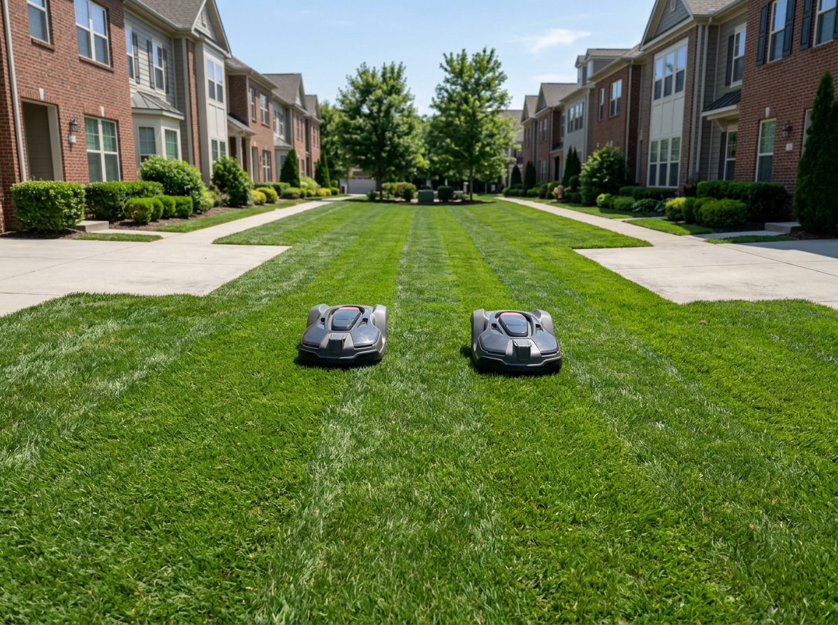 Two H3 PRO robot lawn mowers running a paired HOA route with edge cleanup