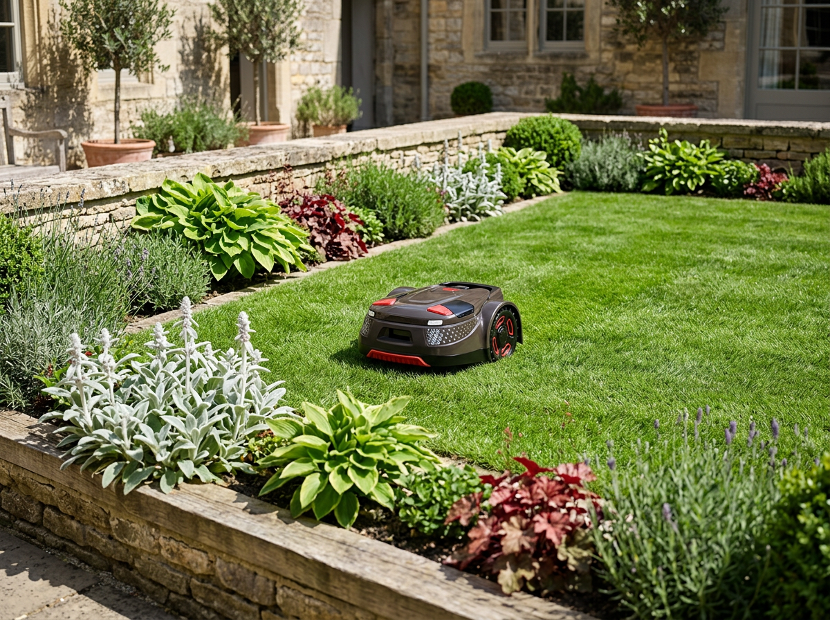 H5 robot lawn mower on a boutique hospitality courtyard lawn