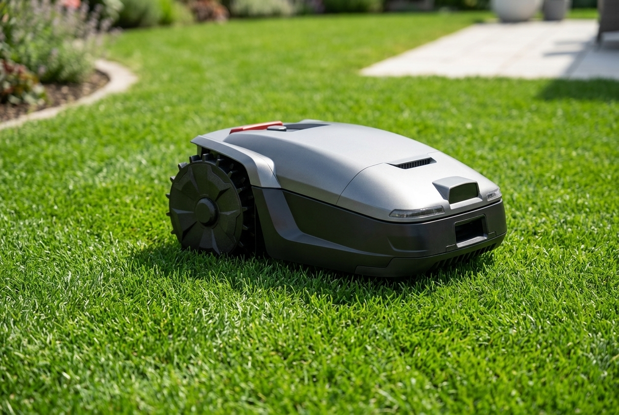 H5 SmartMowBot UNICUT pure-vision entry robot lawn mower on a townhouse common lawn