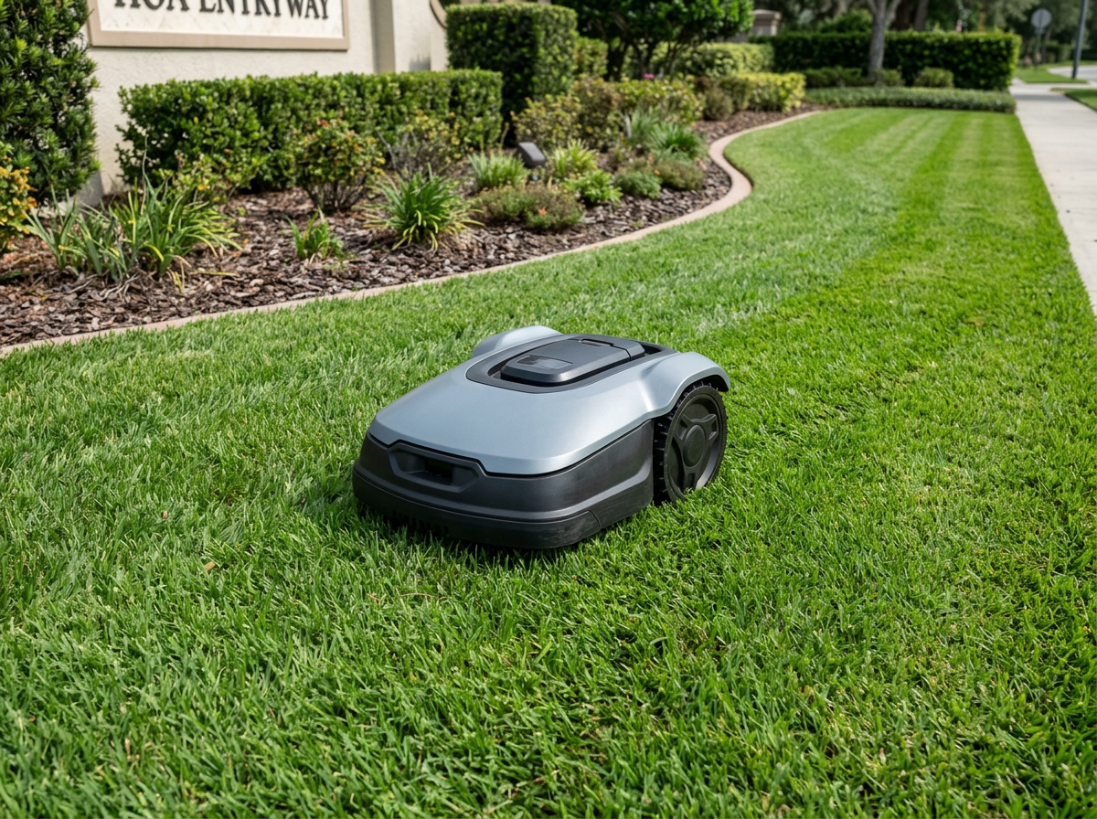H5 robot lawn mower on a small estate or entry HOA lawn