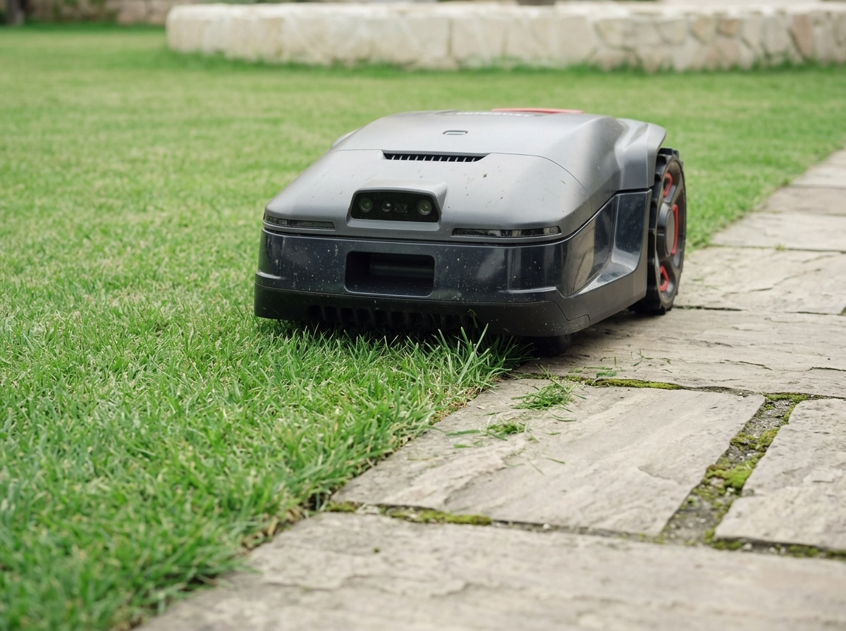 UNICUT H3 PRO robot lawn mower trimming close to a fence edge