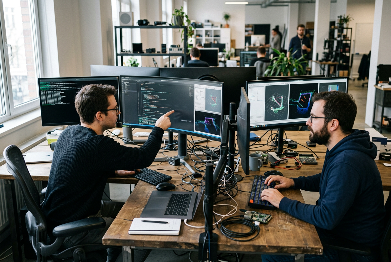 Software team debugging the VSLAM stack on a test rig
