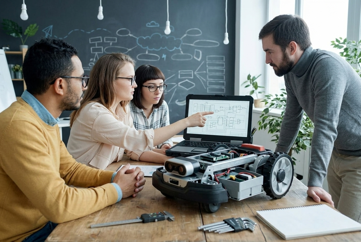Joint engineering meeting between a buyer brand team and the SmartMowBot platform team