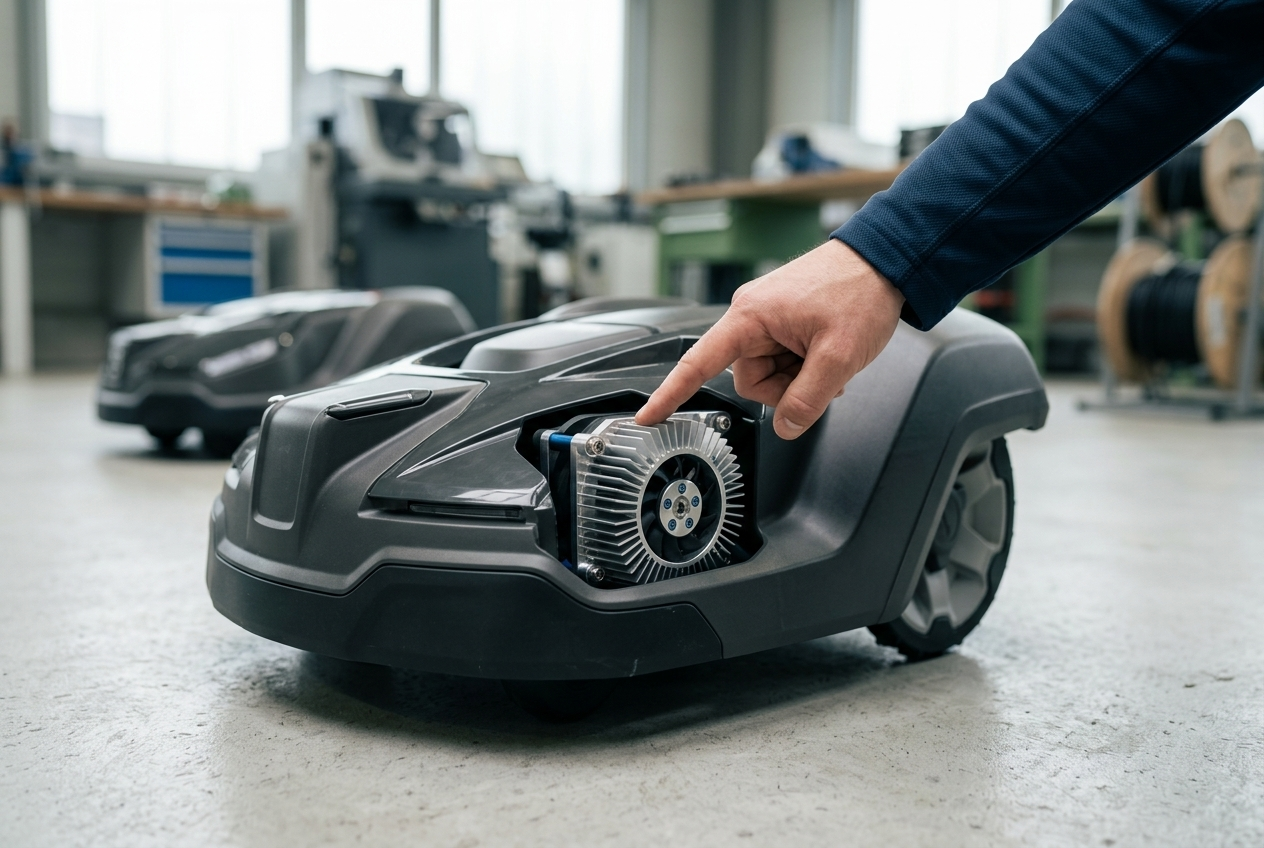 Engineer reviewing a custom-tuned mechanical accent on a robot lawn mower during an ODM spec walk