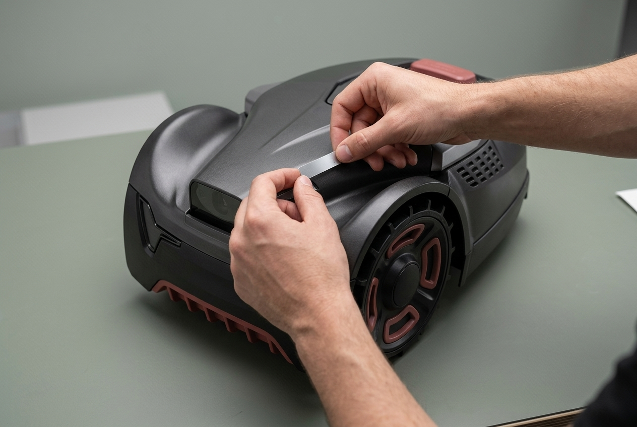 Designer applying a brand badge on a robot lawn mower shell during an OEM programme review